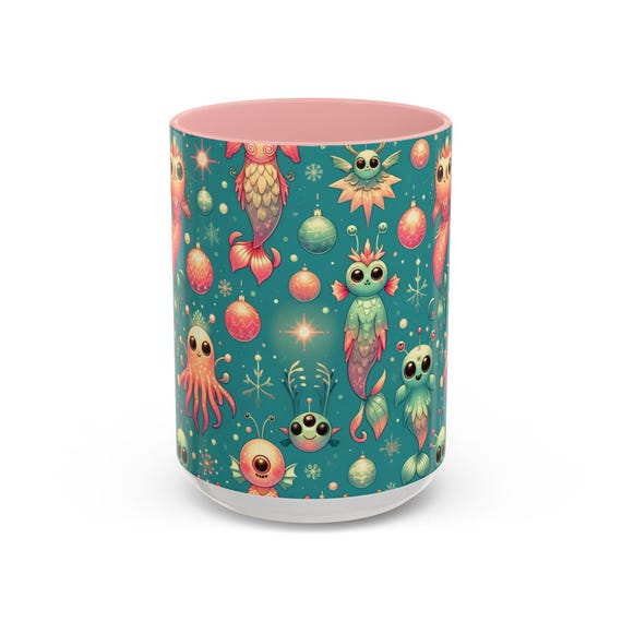 Ocean Alien Christmas Ceramic Mug, Funny Cute UFOs Holiday Tea Cup, Ocean Themed Gift, 11oz, 15oz, 2024