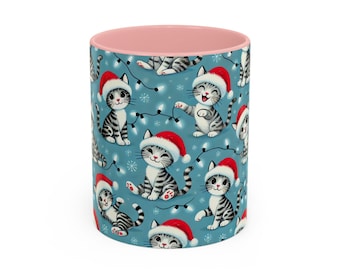 Grey Tabby Cat Christmas Mug Striped Grey & White Kitty Christmas Coffee Mug