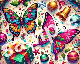 Printable Butterflies Christmas Digital Wrapping, Colorful Holiday Gift Wrap pattern, Xmas Butterfly Pattern (PRINTABLE VERSION only)