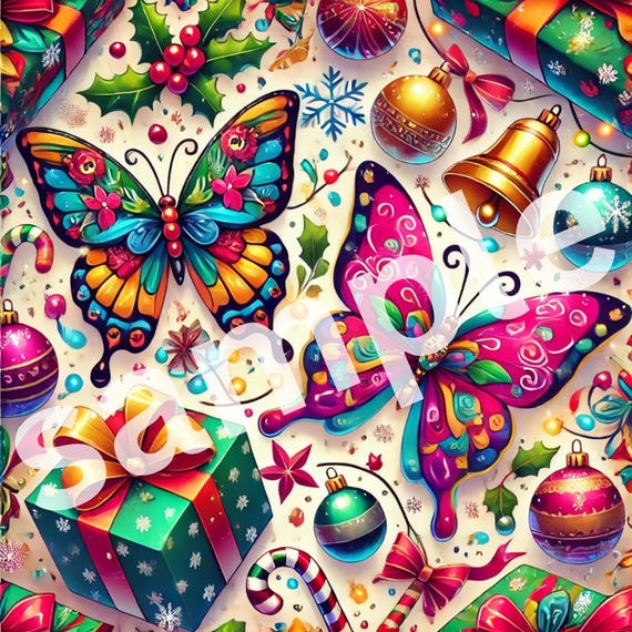 Printable Butterflies Christmas Digital Wrapping, Colorful Holiday Gift Wrap pattern, Xmas Butterfly Pattern (PRINTABLE VERSION only)