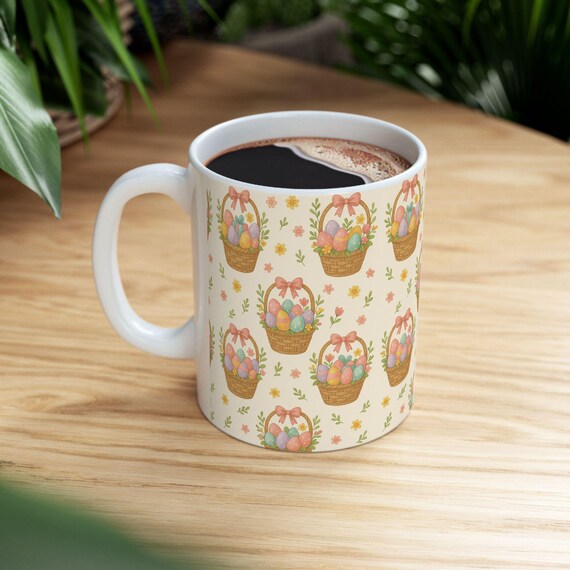 Adorable EASTER Egg Basket Ceramic Mug, Spring Coffee Cup, Holiday Gift, Cute Tea Mug, Cute Flowers and Easter Baskets, Festive Drinkware