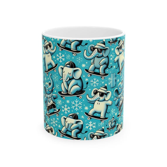 Cute Skateboarding Elephants in Sunglasses Christmas Mug Fun Festive Gift for Elephant and Skateboarding Fans