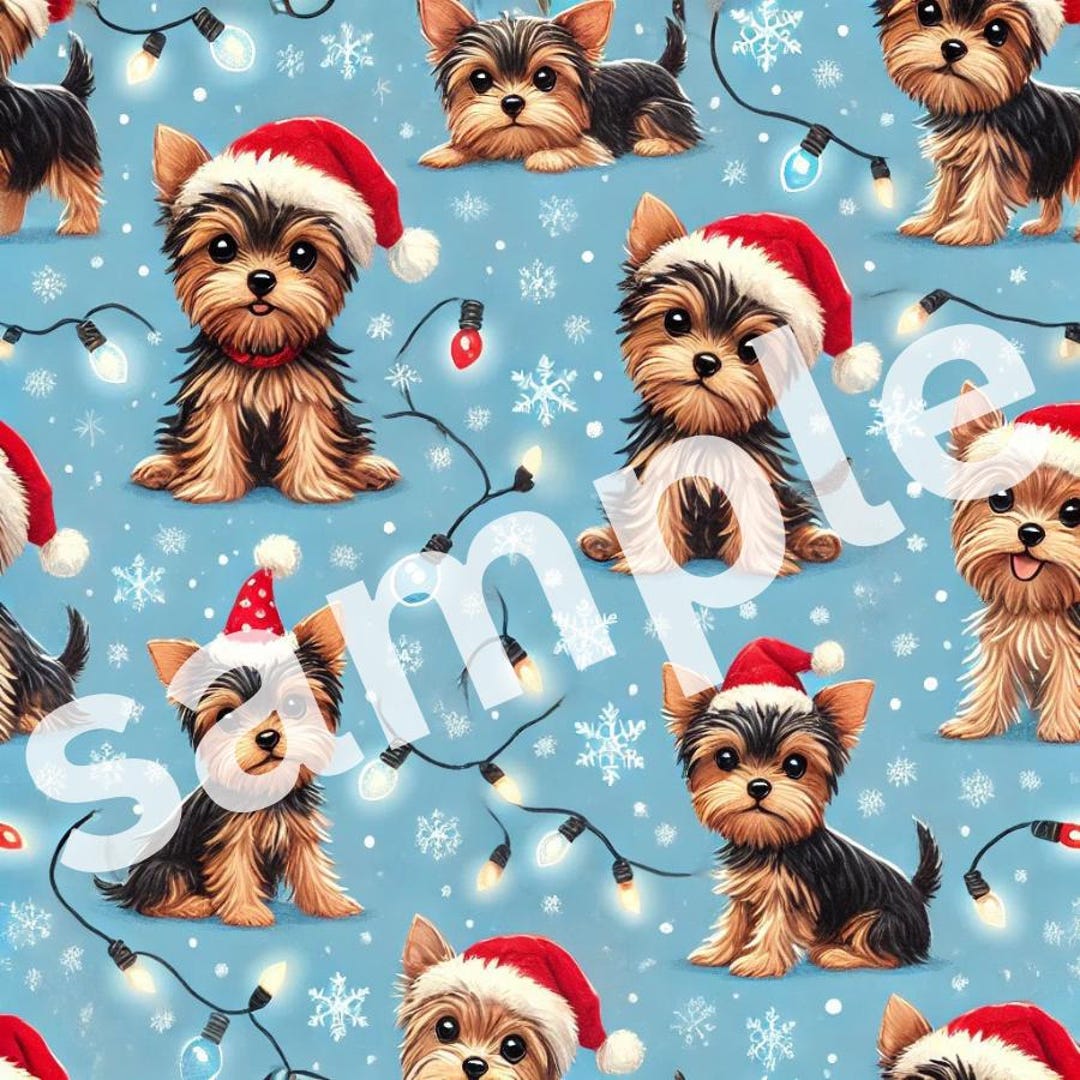 Yorkie Wrapping Paper Cute YORKSHIRE TERRIERS Wearing Santa Hats Adorable Christmas Gift Wrap ...