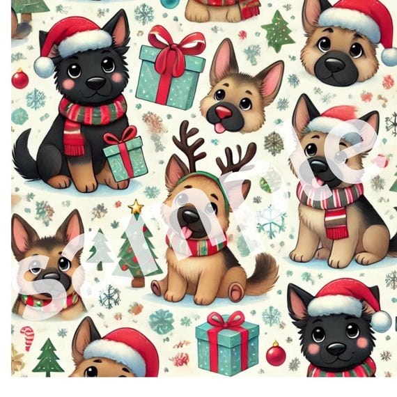 GERMAN SHEPHERD dogs and puppies wearing Santa hats cute Christmas gift wrap paper pattern digital download for printing out (PRINTABLE)