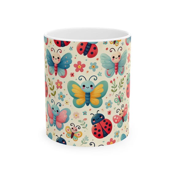 Whimsical BUTTERFLIES and LADYBUGS Ceramic Mug Cute Bug Decor, Gift for Nature Lovers, Springtime Ladybugs, Easter mug, Floral Mug
