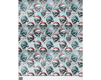 May include: A seamless pattern featuring a repeating design of white skulls wearing Santa hats and red and white candy canes on a light blue background with white snowflakes.