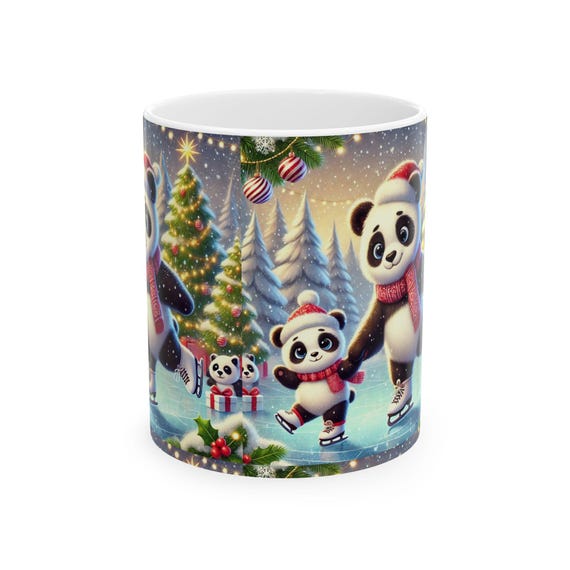Cute panda family ice skating on Christmas Day Ceramic Mug, (11oz, 15oz) cute Xmas mug
