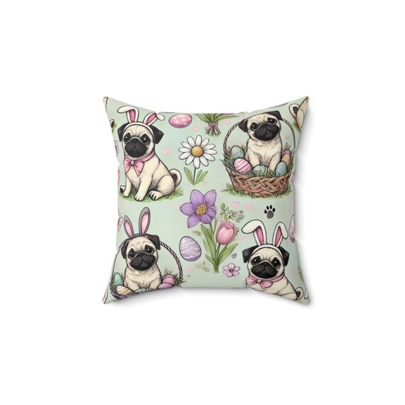 Adorable Pug Easter Pillow, Spring Decor, Pet Lover Gift, Cute Home Accent, Easter Decoration, Dog Lover Cushion