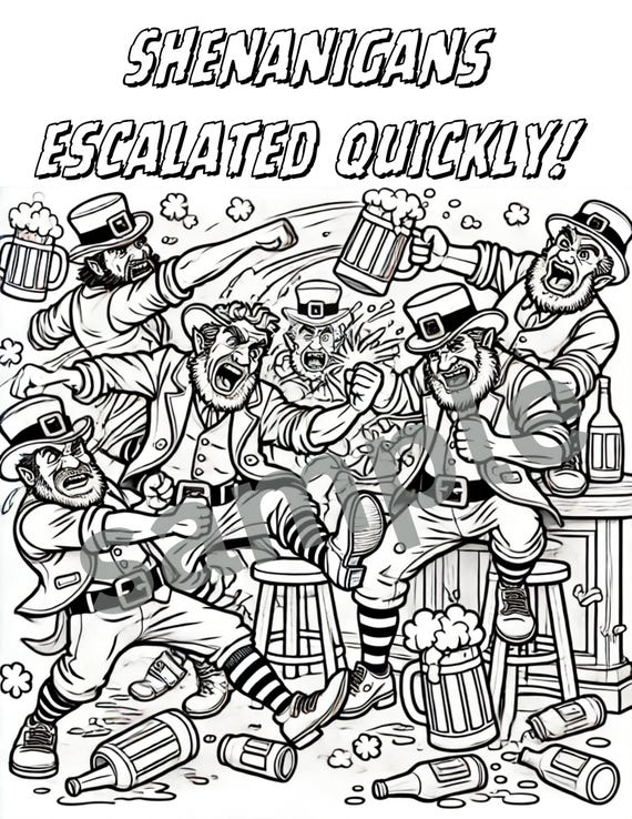 Leprechaun BAR FIGHT Coloring Page - Funny St. Patrick's Day Adult Coloring PDF - Instant Digital Download (Printable file)
