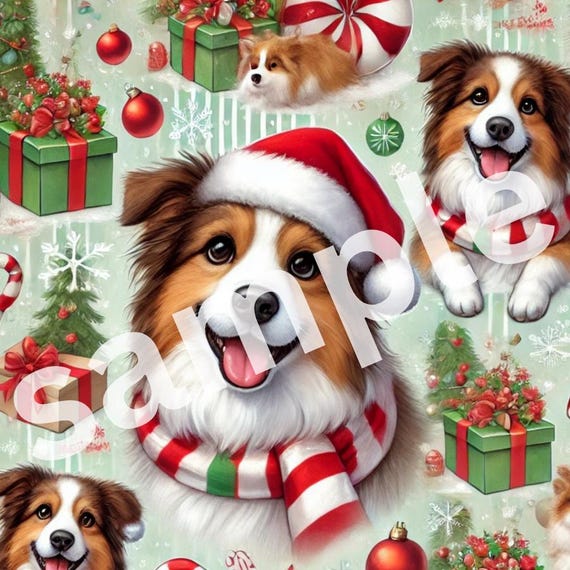 Digital Wrapping Paper, Border Collies Christmas Gift Wrap, Santa Hat Dogs, Cute Dog Pattern, Christmas Download (PRINTABLE version)