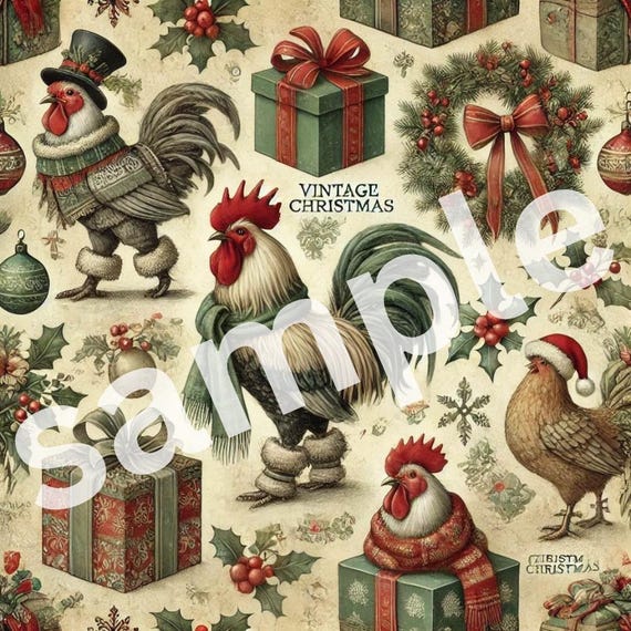 ROOSTER vintage Christmas gift wrap paper pattern (PRINTABLE file only)
