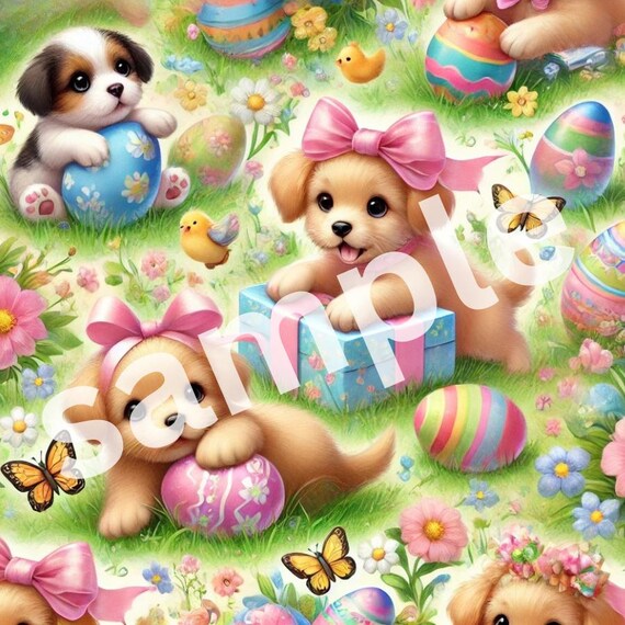 Cute PUPPIES playing and celebrating Easter, festive DOGS gift wrapping paper(PRINTABLE file only)