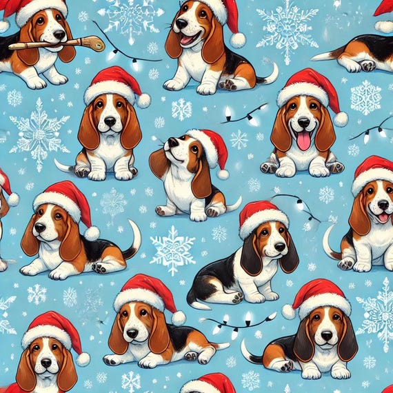 Holiday BASSET HOUNDS wearing Santa Hats!