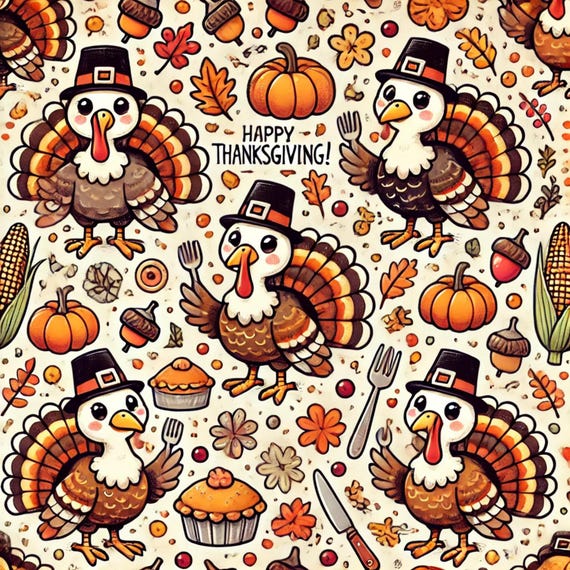 Cute Turkeys and various delicious side dishes and desserts for Thanksgiving pattern (new for 2024)