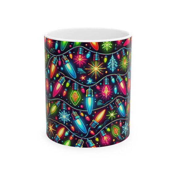 Neon Christmas Ceramic Mug, Retro 80s Theme Gift for Xmas, Fun Cute Holiday Coffee Cup, Trendy 2024 Tea Mugs, Unique Colorful Hot Beverage