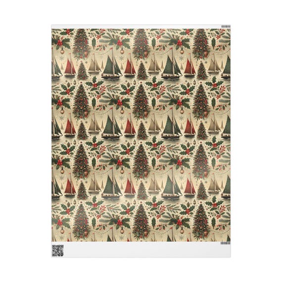 Wrapping Papers, Vintage Sail Boats Christmas Gift Wrap Water Trees Dreamy Beautiful, Holiday Presents Decoration, Nautical Theme Party,