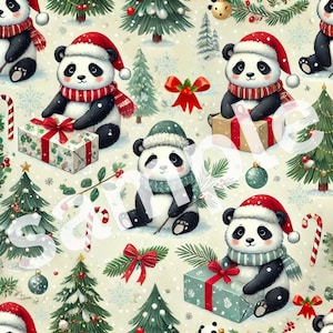 Pandas Natal festivo divertido padrão de papel de embrulho de Natal (download para impressão instantânea) papel de Natal digital (SOMENTE PARA IMPRIMIR)