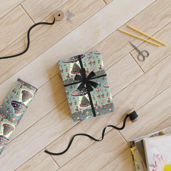 Custom Ocean Aliens, UFOs, and Christmas Trees Gift-Wrapping Paper Premium Satin Finish, Recyclable & Eco-Friendly
