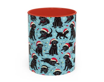 Mug, Cute Black Labs Christmas Holiday Labrador Retriever Coffee Cup, Santa Hat Design, Animal Lover Gift, Festive Seasonal Drinkware, Pet