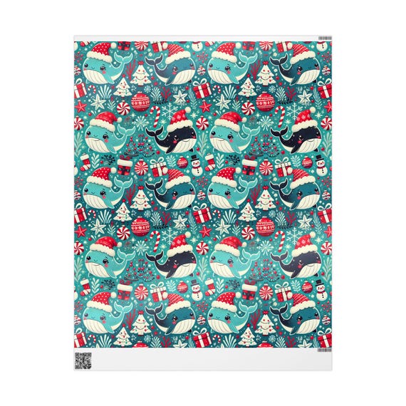 Whale Christmas Wrapping Papers, Holiday Gift Wrap, Playful Cartoonish Sea Creatures Patterned Gift Wrap, Gift Packaging, Festive Gift Wrap