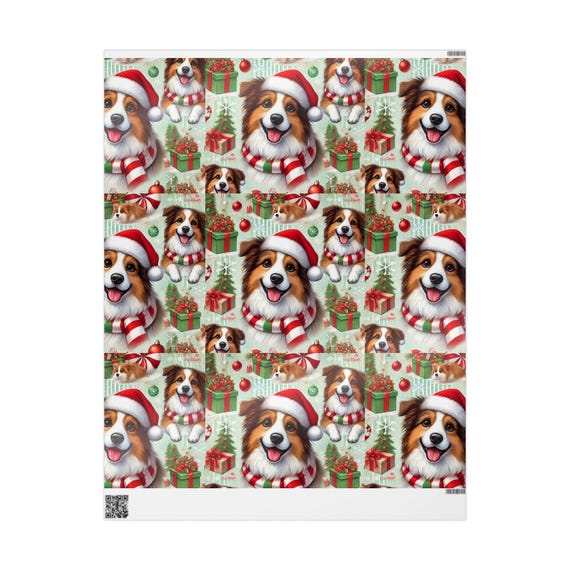 Wrapping Paper, Border Collies Christmas Gift Wrap, Santa Hat Dogs Gift Wrap, Cute Dog Pattern, Holiday Gift Wrap, Christmas Wrapping Paper
