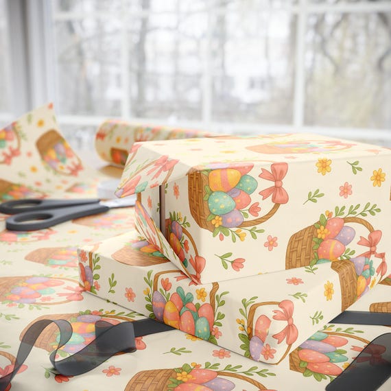 EASTER BASKETS Easter Wrapping Paper Roll | Pretty Floral Basket Gift Wrap | Spring Gift Ideas for Easter, Birthday, Celebrations