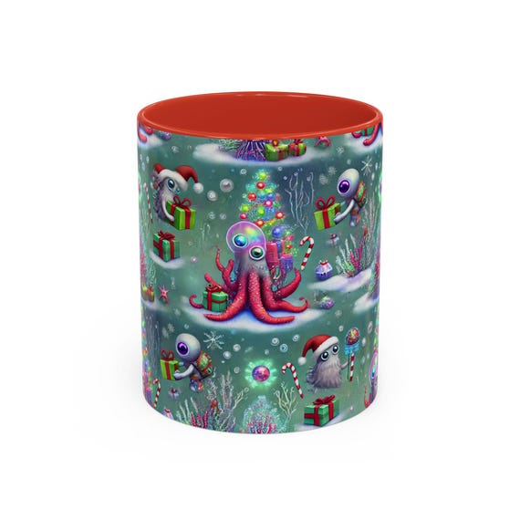 Ocean Aliens Christmas Mug Underwater Space Scene with Water Monster Aliens Unique Holiday Coffee Mug in 11oz and 15oz Sizes