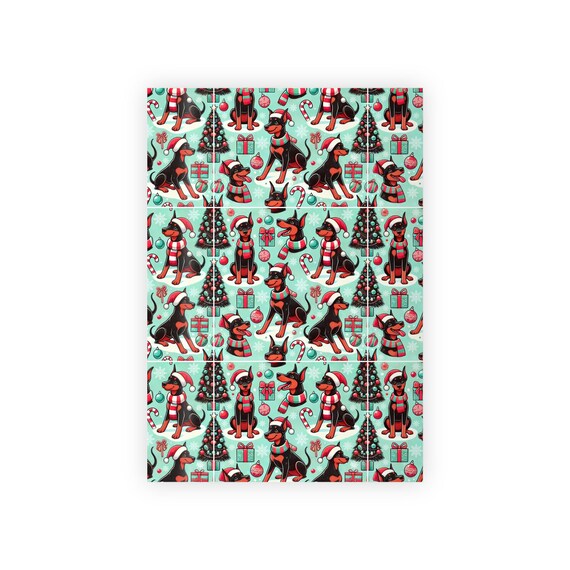 Christmas Doberman Pinscher Gift Wrapping Paper Roll, Cute Holiday Dogs Presents Xmas Wrap, Festive Santa Hat Scarves, 1pc
