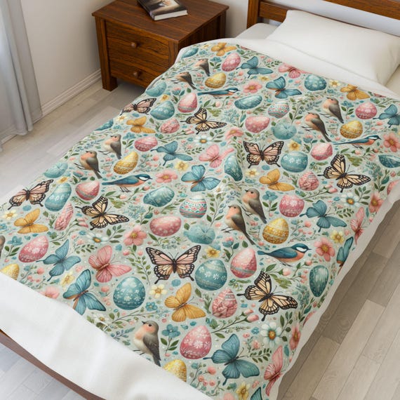 EASTER Spring-Themed Velveteen Plush Blanket, Easter Decor, Cozy Gift, Butterfly Pattern, Floral Throw Blanket