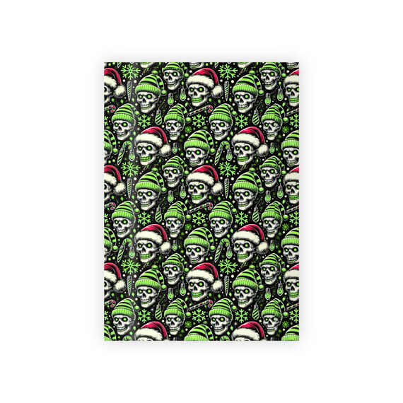Neon Green Evil Skulls Santa Hats Punk Rock Wrapping Paper Retro 80s Punk Rock Alternative Christmas Gift Wrap Eco-Friendly in Two Sizes