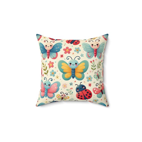 Whimsical BUTTERFLY and LADYBUG Pillow, Colorful Home Decor, Cute Cushion for Kids, Nursery Accent, Gift for Nature Lovers, Spring Decor