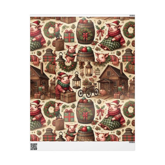 Vintage Pigs Christmas Wrapping Paper  Family Farm Animal Barnyard Theme