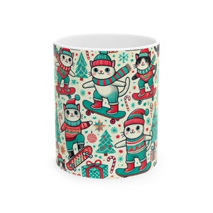 Christmas Cats Skateboarding Ceramic Mug, Holiday Cat Lover Gift, Funny Xmas Coffee Cup, Cute Kitten Tea Mug, Festive Winter Drinkware