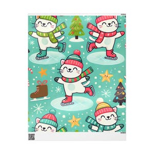 Christmas Cat Wrapping Papers, Cute Cartoon Kittens Ice Skating Scarves Hats Trendy 2024, Holidays Gift Wrap, Festive Cat Lover Present,
