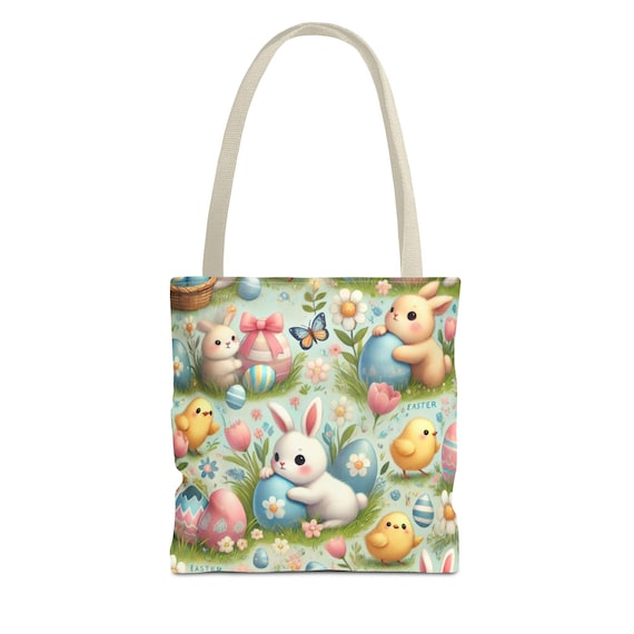 Easter Bunny Tote Bag, Cute Spring Floral Shopper, Easter Gift, Bunny Design, Chick Tote for Egg Hunt, Reusable Bag