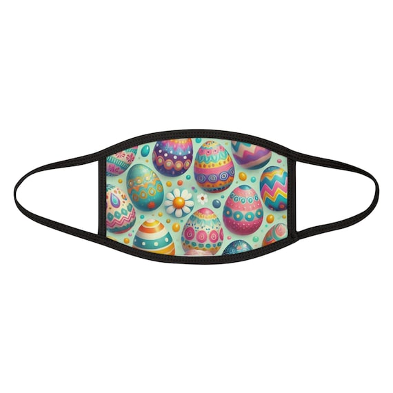 Easter Eggs Face Mask, Festive Spring Holiday Reusable Covering, Colorful Assorted Designs, Light Blue Background, Mixed-Fabric Mouth Cover,