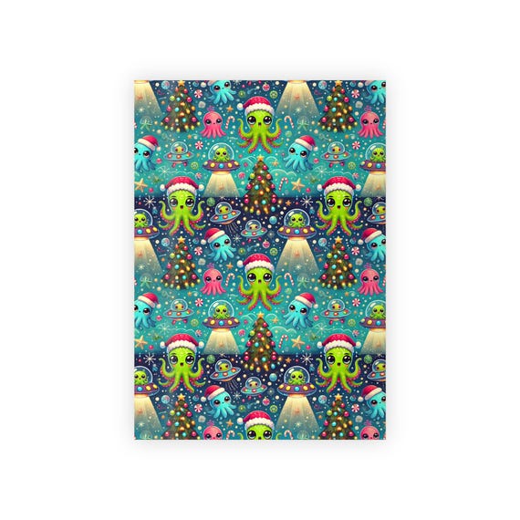 Cute Ocean Aliens, Octopus wearing santa hats, and Christmas Trees Gift-Wrapping Paper Premium Satin Finish, Recyclable & Eco-Friendly