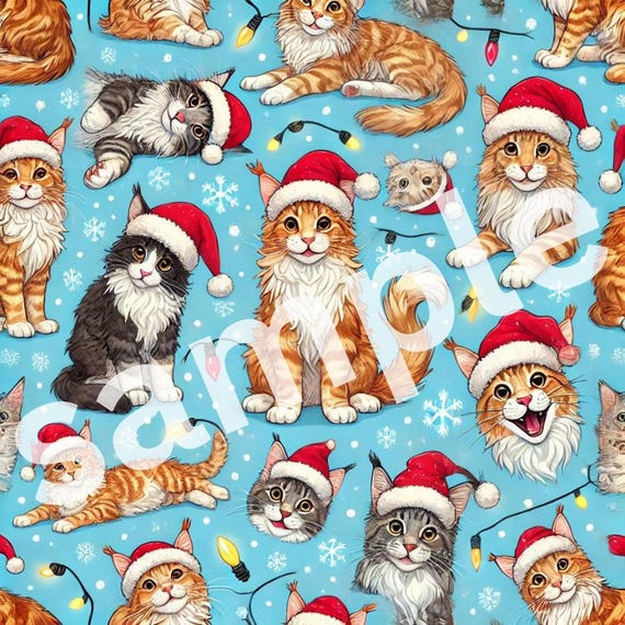 Variety of CATS in Santa hats Christmas gift wrap paper pattern (printable version)