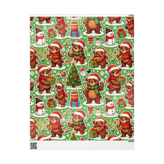 Holiday Bears Wrapping Papers, Christmas Gift Wrap Pattern, Cute Brown Bears, Festive Gift Wrap Sheets, Present Packaging Design