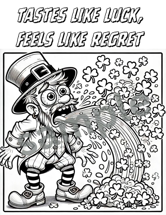Funny LEPRECHAUN Puking Vomit BARF Coloring Page – St. Patrick’s Day drunk Adult Humor PDF – Instant Download (Printable file)