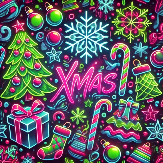 Wrapping Paper, Neon 80s Retro Christmas Holiday Gift, Colorful Unique Original Design, Festive Present Packaging, Bright Xmas (PRINTABLE)
