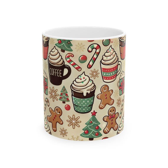 Christmas Coffee Mug, Festive Hot Chocolate Cocoa Cup Gingerbread Man Holiday Ceramic Cup 11oz 15oz, Christmas Cup, Holiday Mug, Coffee Mug,