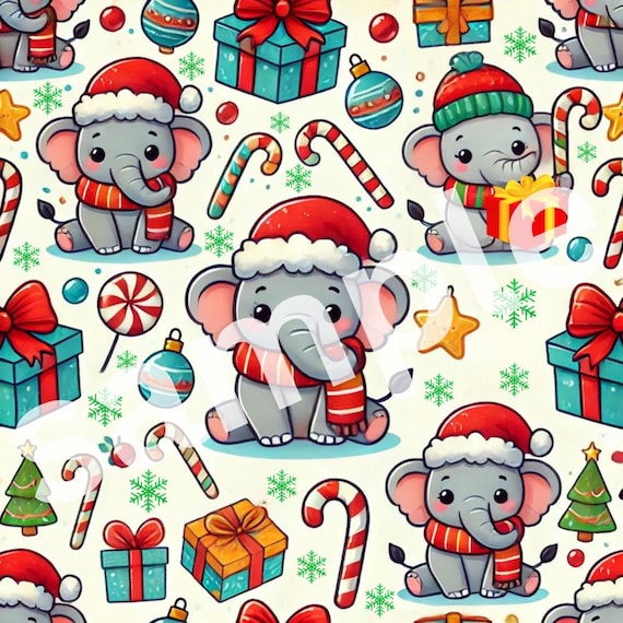 Cute ELEPHANTS wearing Santa Hats and Scarves bearing gifts Christmas gift wrap paper pattern (printable version)