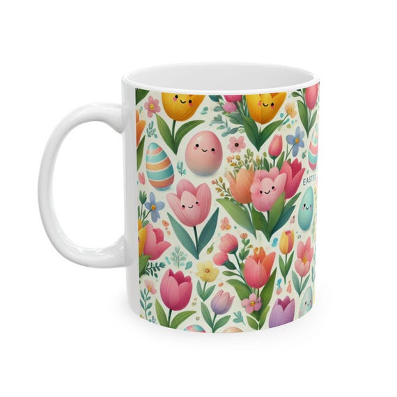 Spring Floral Easter Ceramic Mug, Cute Chick Mug, Floral Coffee Cup, Easter Decor, Springtime Gift, Colorful Tea Mug
