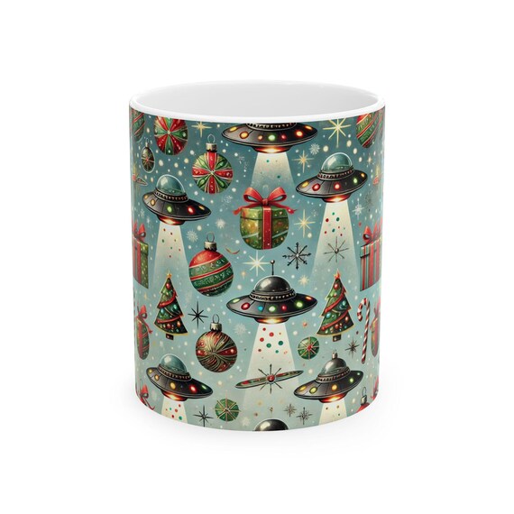 UFOs Space Aliens Cute Christmas Ceramic Mug, Novelty Holiday Coffee Cup, Unique Xmas Gift Idea, UFO Lover Gift, Outer Space Kitchen