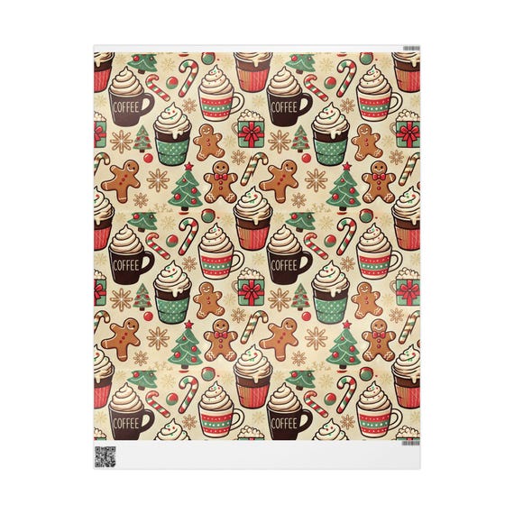 Wrapping Papers, Coffee Lover Christmas Gift Wrap Paper, Hot Cocoa Hot Chocolate Gingerbread Men Ornaments, Cute Whimsical Holiday Gift