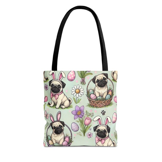 Easter Pug Tote Bag, Cute Dog Shopping Bag, Spring Gift, Pet Lover Tote, Eco-Friendly Purse, Easter Decorations