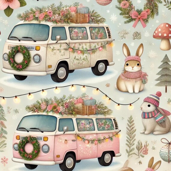 Pretty VW VANS and bunnies feminine vanlife Volkswagon Christmas wrapping paper pattern for 2024 (PRINTABLE file only)
