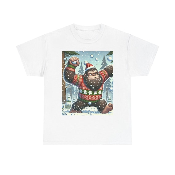 Sasquatch Snowball Fight Tee, Christmas Yeti T-Shirt, Winter Bigfoot Shirt, Woodland Creature Top, Funny Holiday Men Women Apparel