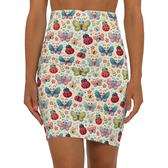 Colorful Butterfly and Ladybug Pencil Skirt, Women's Floral Print Skirt, Cute Summer Outfit, Garden Party Fashion, Playful Mini Skirt
